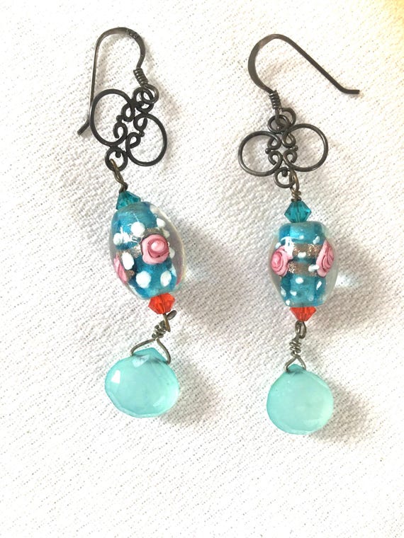 Aqua Art Glass Beaded Sterling Silver Earrings, Boho Vintage Dangles
