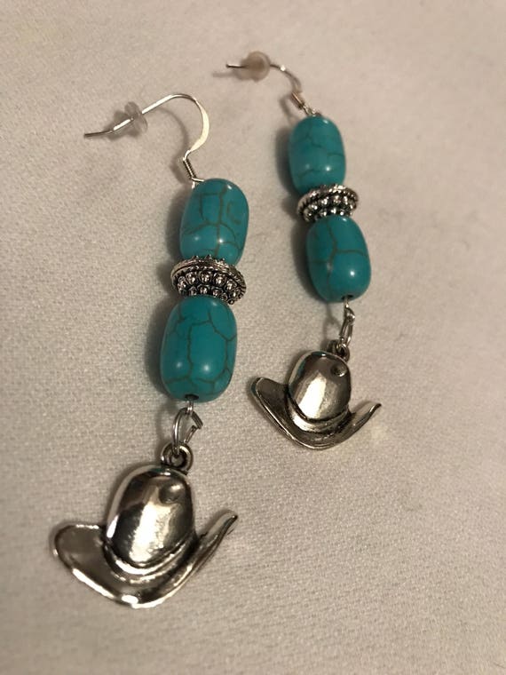 Fun Boho Rodeo Cowboy Costume Jewelry Southwestern Faux Turquoise beaded Dangle Earrings with Silvertone Cowboy Cowgirl Hat Charms Kooky