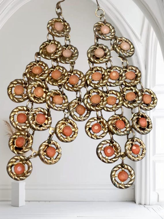 Vintage Goldtone Chandelier Earrings – Glam Coral Statement Jewelry