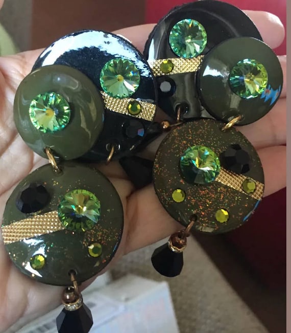 Fabulous Vintage 1980s Artisan Made Black Green & Gold with Rhinestone Modernist Circle Dangle Earrings