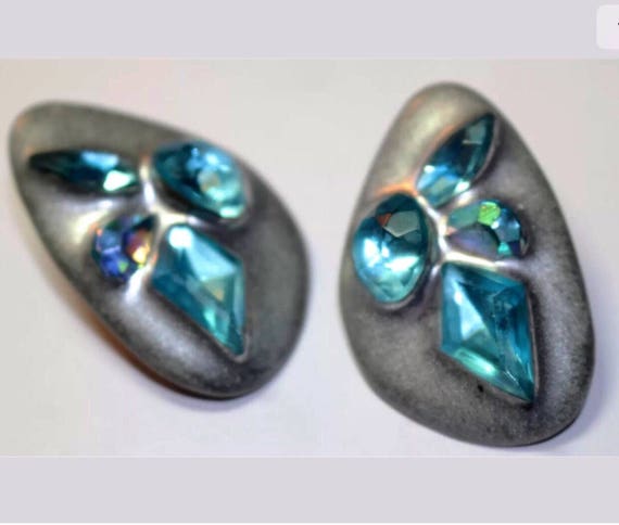 Vintage Modernist Statement Earrings, Abstract Art Blue Crystal On Matte Silvertone triangular ovals unique & stylish