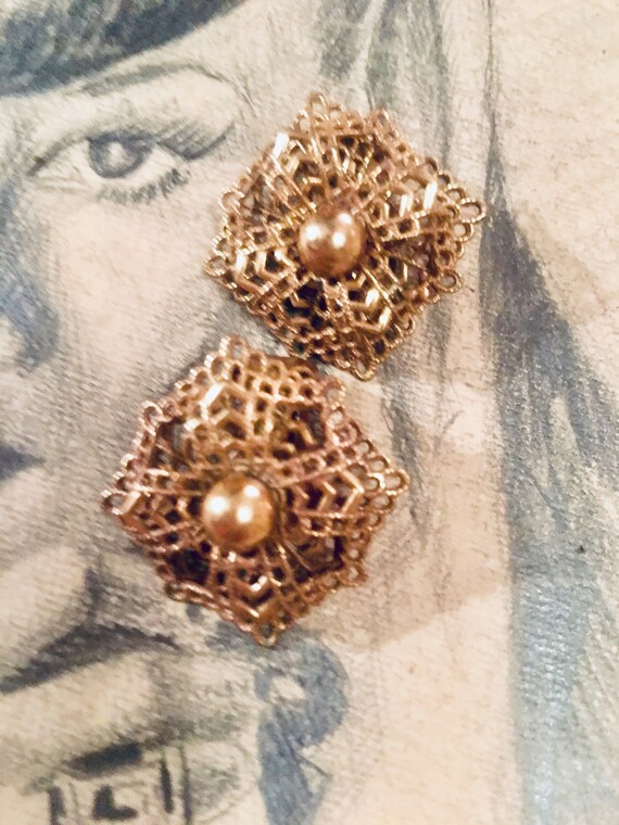 Mid Century Gothic Goldtone  Filigree Maltese Floral Open Work Clip Earrings