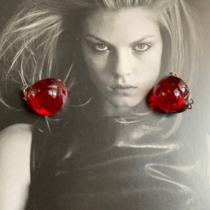 Sultry Antique Vintage Cherry Red Poured Glass Button Dome Statement Earrings