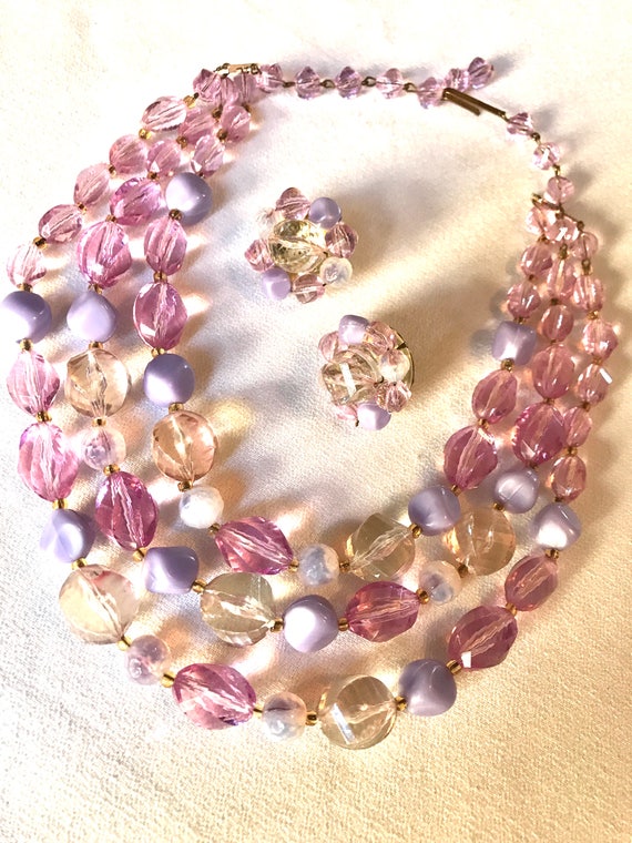 Beautiful Vintage Lavender Purple & Clear Lucite Beads With Matching Cluster Earring Set Made in West Germany in Excellent Condition!