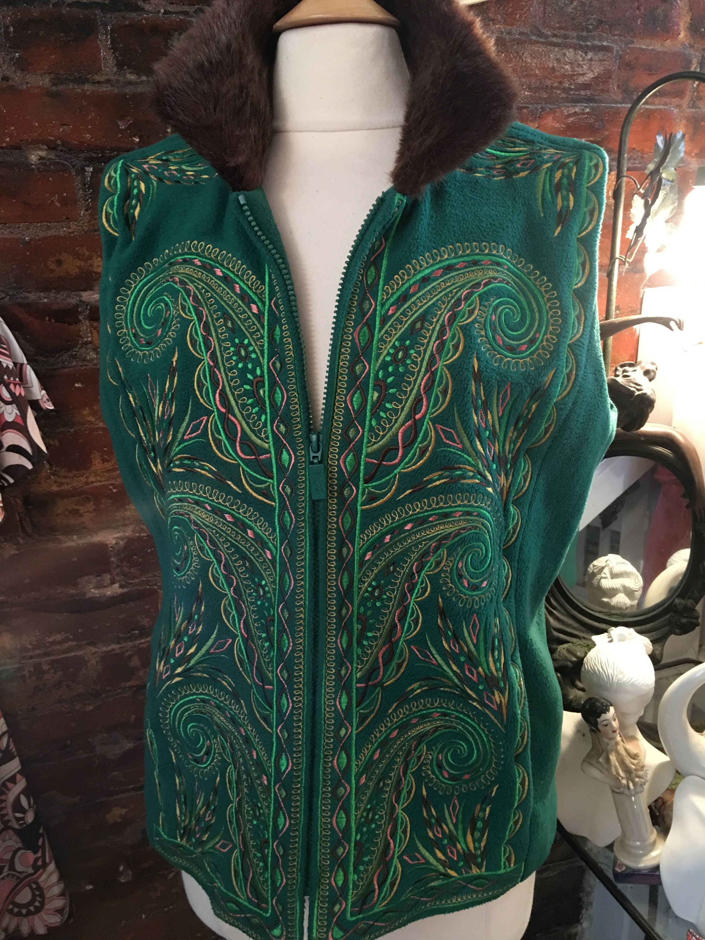Vintage Bob Mackie Wearable Art Vest, Lined Green Fleece with