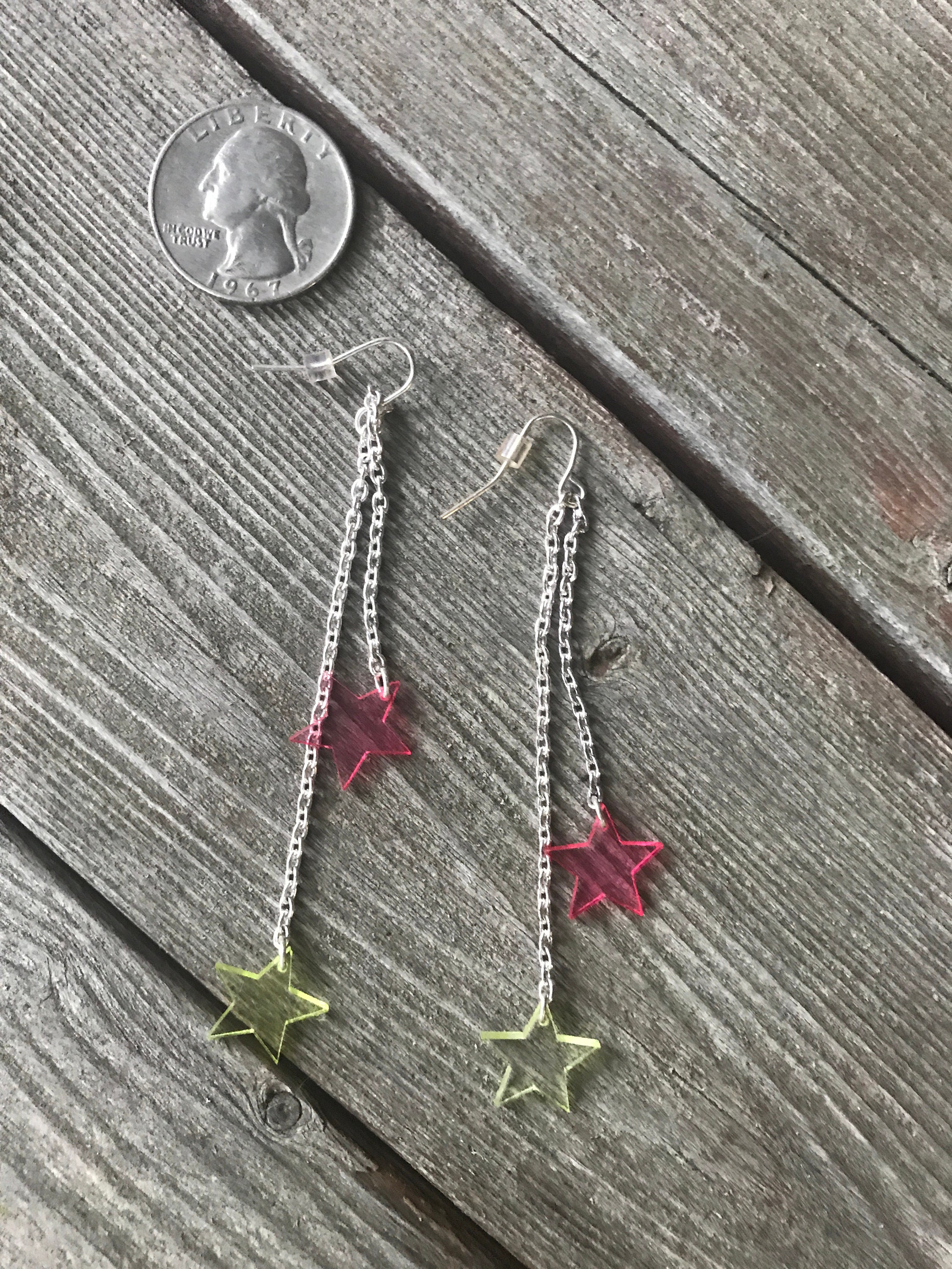 Absolutely Truly Outrageously Pink & Yellow Tranparent Star Dangle Earrings