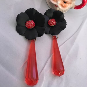 Runway Glamour Jewelry Red Lucite Crystal Prism Rhinestone Flower Earrings