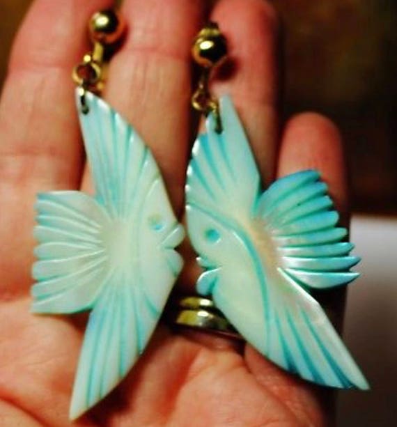 Vintage Bright Blue Dyed Tropical Shell Exotic Fish Earrings Trending Fashion!