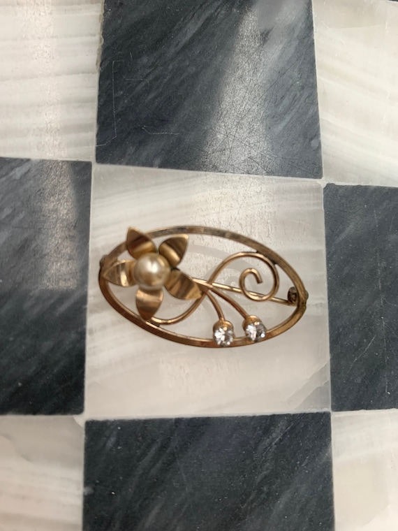 Van Dell Gold Filled Rhinestone & Pearl Floral Brooch, Trending Unisex Lapel Pin