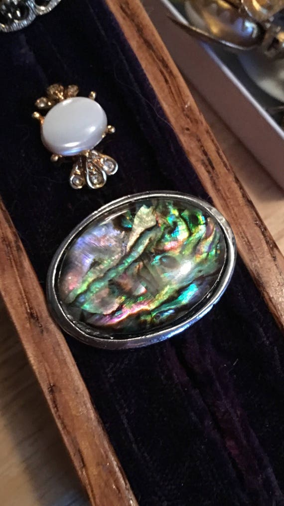 Vintage Abalone Shell Statement Ring size 7.5, Silver plated, Big Bold Bling