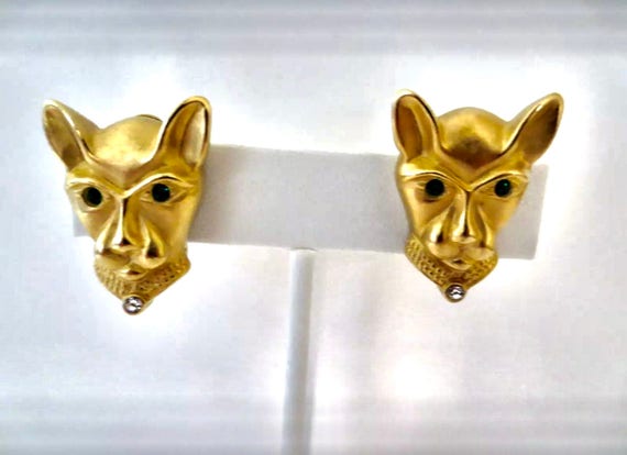 Sizzle Novelist Jackie Collins Matte Goldtone Jeweled Panther Earrings,  80s Glamour Jewelry Runway Earrings Make a Statement Unworn Vintage