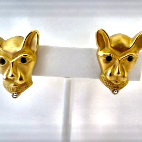 Sizzle Novelist Jackie Collins Matte Goldtone Jeweled Panther Earrings,  80s Glamour Jewelry Runway Earrings Make a Statement Unworn Vintage