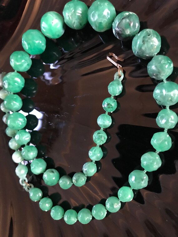 Saint Patricks Day Green Vintage Beads, Punky Mid Century Marbled Plastic Shamrock Green Beaded Necklace with adjustable Hook Clasp,