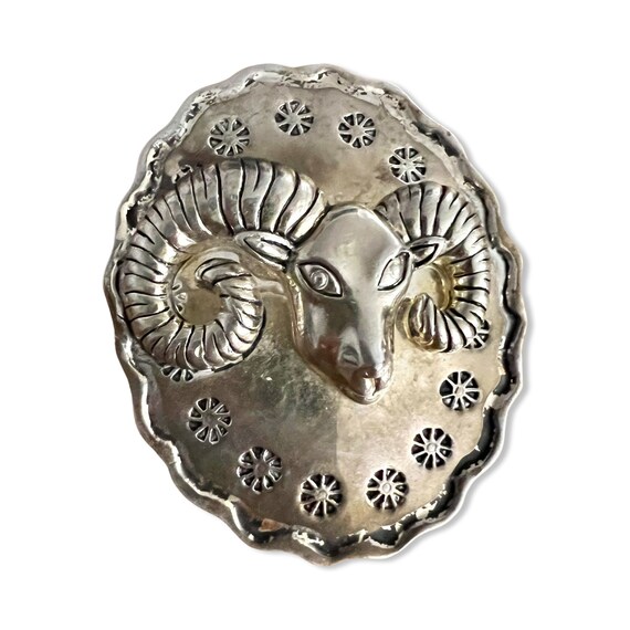 90s Glam Southwestern Concho Brooch Pendant /Puffy Longhorn Ram & Fred Harvey Reproduction Style, Lapel Pin, Boho Gypsy Cowgirl Cowboy