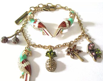 Tropical Parrot Charm Bracelet and Earrings Set, Enamel Rhinestone Jewelry