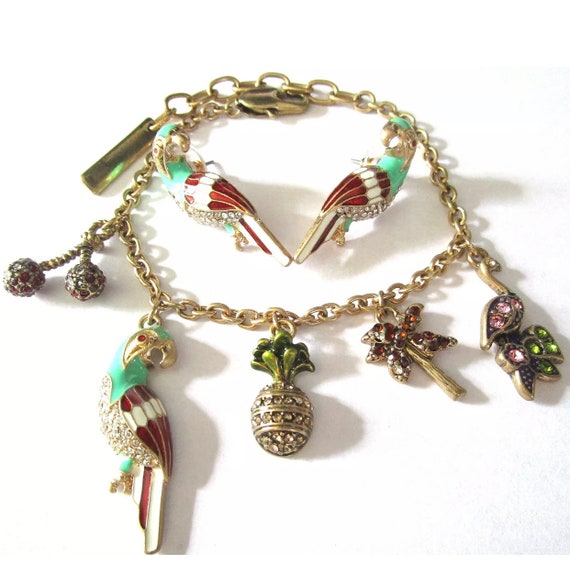 Tropical Parrot Palm Trees & Pineapple Charm Bracelet and Matching Parrot Earrings, Art Deco Revival Enamel Jewelry Set