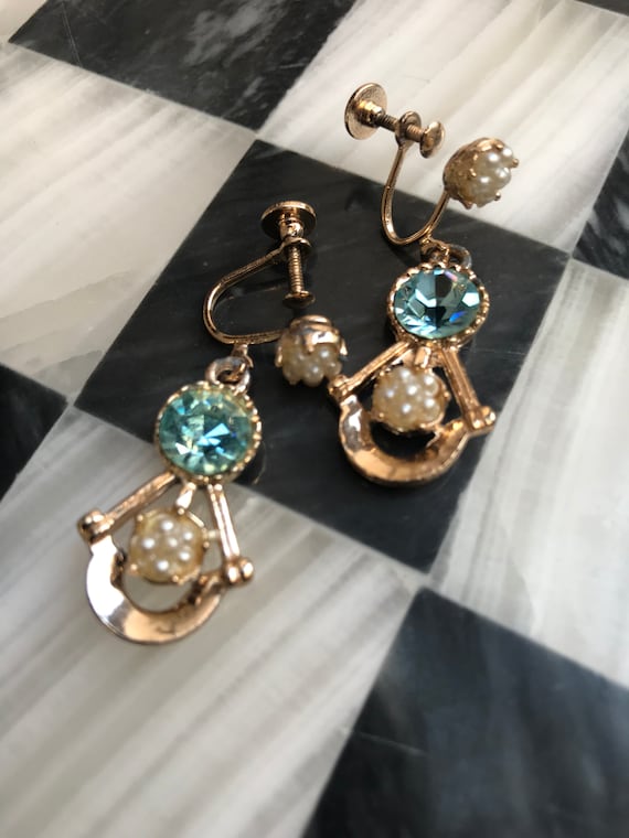 Baby Blue Aqua Gem Rhinestone & dainty seed pearl Dangles, Prom or Sweet Sixteen Vintage Earrings , Pretty trending color too!