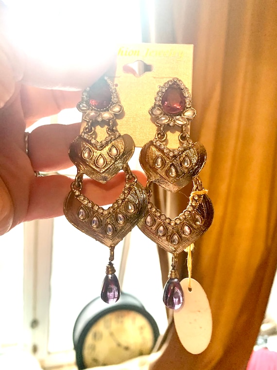 Gothic Amethyst Teardrop Waterfall Dangles, Etruscan 90s Glamour Jewelry Statement Earrings, Goldtone w/ Mauve & Clear Rhinestones