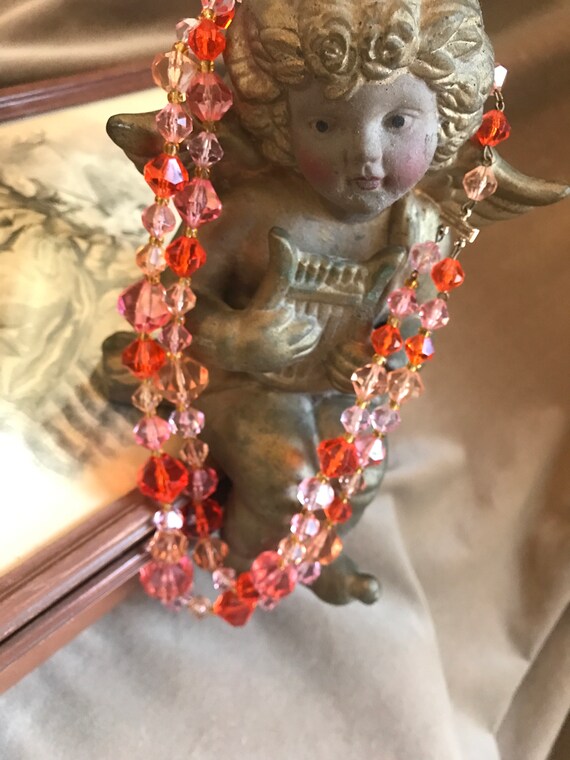 It’s Peachy! Pink & Orange Lucite Crystal Beads, Double Strand Cocktail Party Statement Necklace signed West Germany