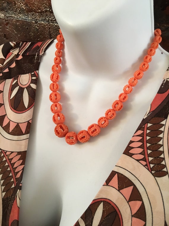 Dainty Orange Faux Ivory Filigree Bead Necklace, Mid Century carved composite Asian Holly Regency, Art Deco Orange Beads, MySoulRepair