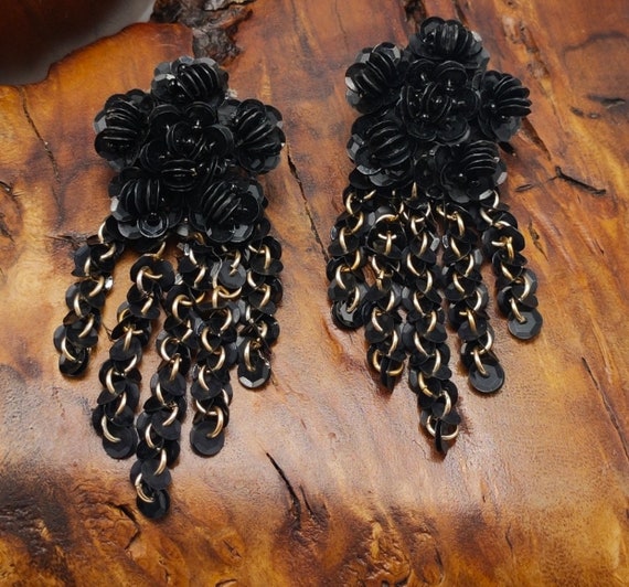 Fringy 80s Gypsy Goth Black Sequins Cha Cha Statement Earrings