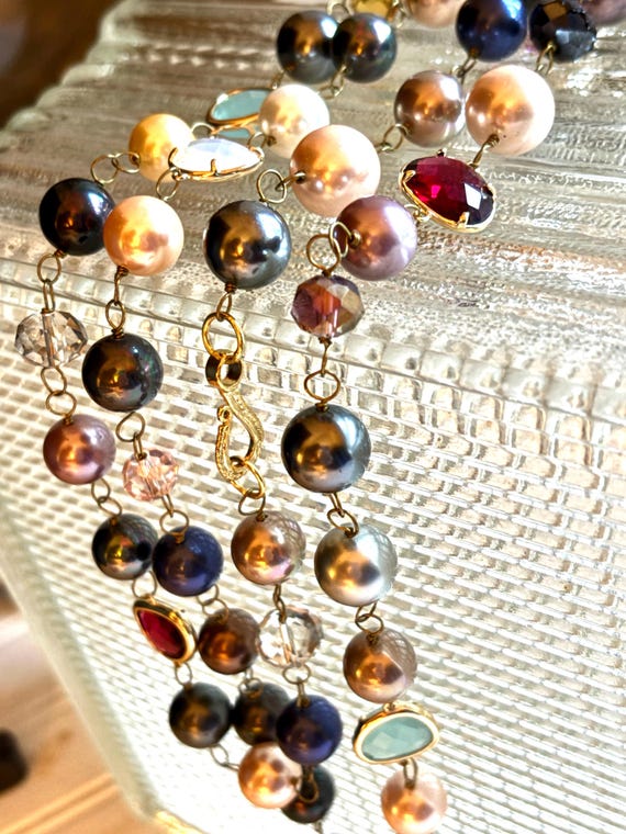 Steal Blues and Mauves Bezel Set Crystal & Pearl Long Beads Necklace