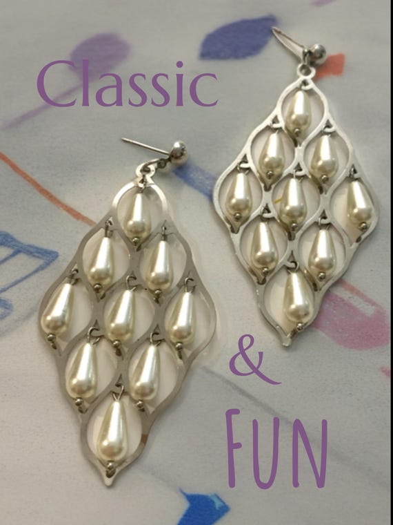 Fish Scale Faux Pearl Earrings, Waterfall Chandelier Dangle Statement Earrings, Vintage Bollywood Style Glamour Jewelry, Moviestar Romantic