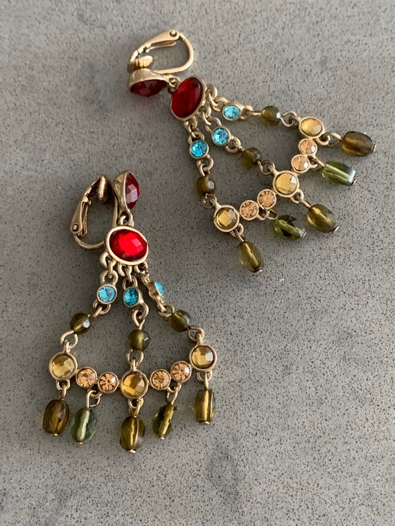 Crystal Beaded Statement Earrings, Boho Gypsy Glam Chandelier Dangles, Vintage,  90s Tribal Mogul Rainbow Gems Signed LC