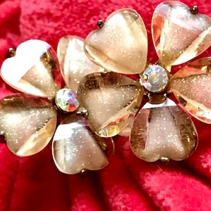 Shimmery Pale Yellow Gold Dust Glitter Givre Lucite  Flower Statement Earrings with AB Crystal Centers