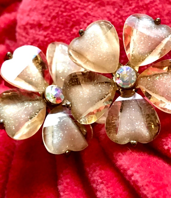 Shimmery Pale Yellow Gold Dust Glitter Givre Lucite  Flower Statement Earrings with AB Crystal Centers