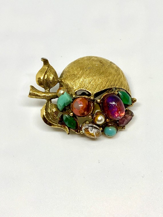 Vintage 1950s Fruit Brooch: Gold Apple Peach with Rainbow Crystals, Forbidden Fruit Lapel Pin