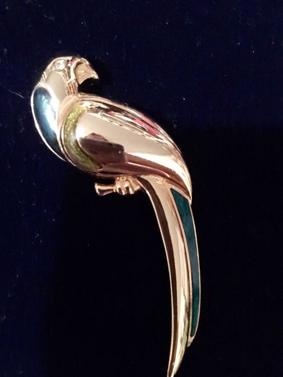 Signed Vintage Goldtone & Enamel Parrot Tropical Bird Brooch Pin
