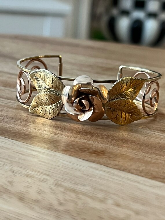 Krementz Rose Bracelet, Mid century floral Two Tone Gold Filled Bangle Cuff, signed vintage jewelry, gift for mom, gift for sweetheart