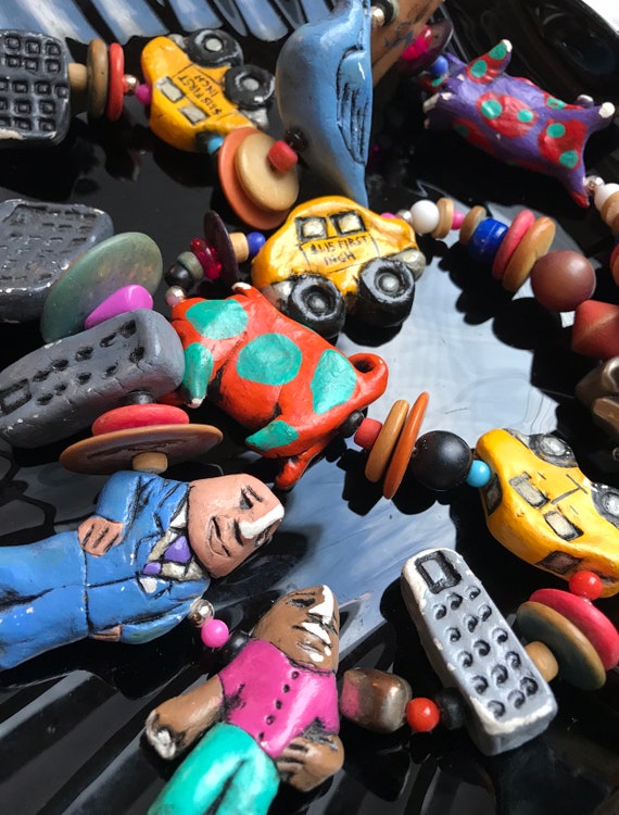 Vintage 80s NYC Graphic POP ART Post Modern Street Flavor Clay Beads of Colorful Downtown People Taxi Hotdog, Signed Artisan Clay Necklace!