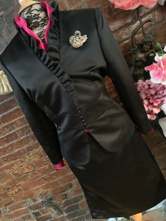 Designer Vintage Black Satin Peplum Jacket & Skirt Suit for Semi Formal or Formal Occasion by Tahari, glamour fashion