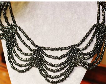 Vintage Scalloped Gunmetal Seed Bead Southwestern Style Statement Necklace, Hand Strung Boho Gypsy Cowgirl Praire Fashion Choker Collar