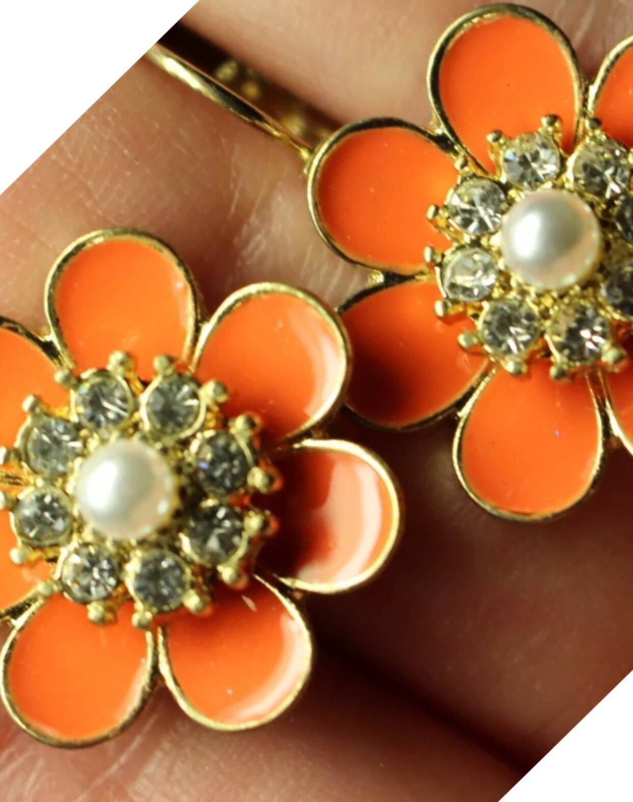 Funky Vintage Orange Enamel & Rhinestone Flower Clip on Earrings