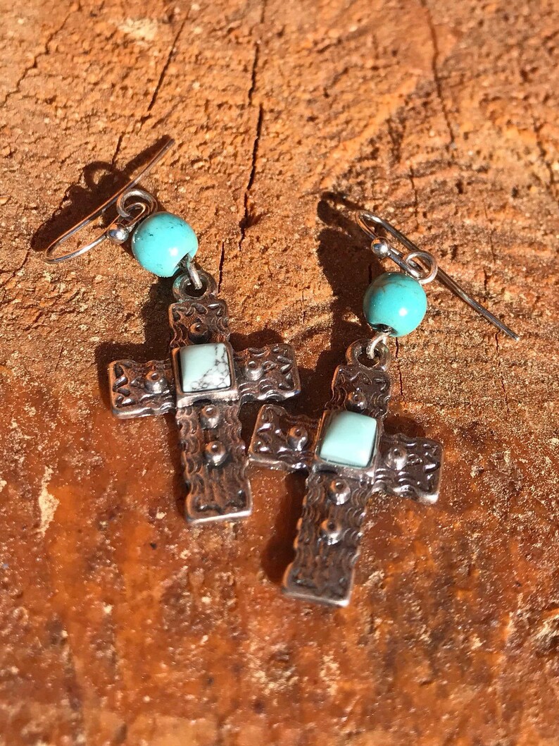 Southwestern Style Silver Tone with Blue Green beaded Embossed Cross Dangle Earrings