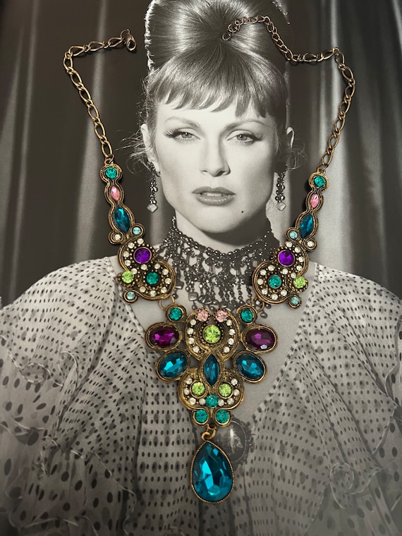 Pretty mixed Rhinestones faux Gems and Beads of blues mauves greens and purples Bibbed Statement Necklace in Victorian Mogul Style