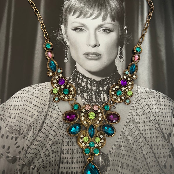 Pretty mixed Rhinestones faux Gems and Beads of blues mauves greens and purples Bibbed Statement Necklace in Victorian Mogul Style