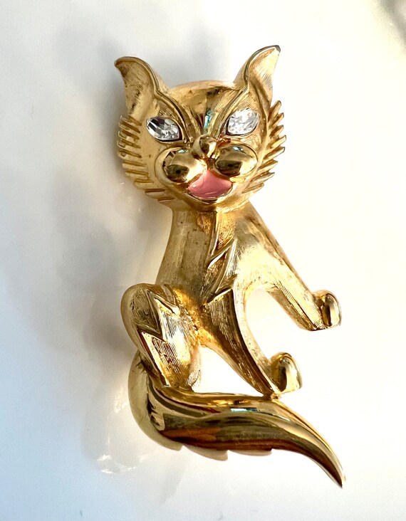 Broche Chat En Métal Doré Avec Strass - Superbe Bijou Fantaisie Neuf, Sans Emballage D'origine