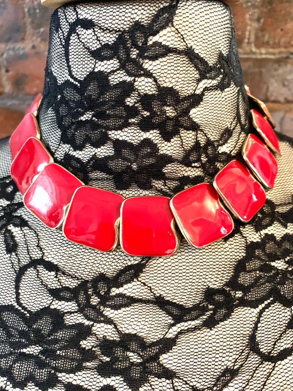 Cherry Red Enamel Modernist Choker Collar Necklace, Awesome 80s Fashion Statement, Notable Design