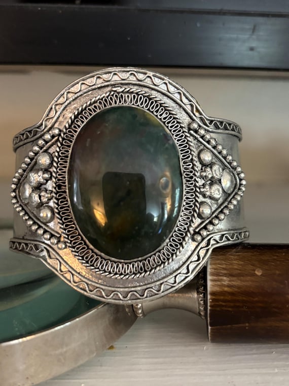 Vintage Western Silvertone Polished Stone Soutwestern Cowboy Cowgirl Cuff Bracelet