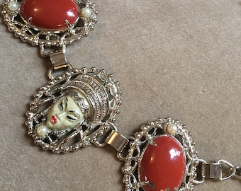 Trending SELRO Enamel Asian Princess Statement Necklace, 50s costume jewelry, NYC Vintage designer brand