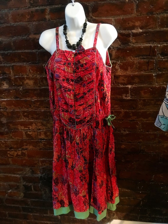 New Wave 80s Sundress! 100% Cotton Red Print Vintage Summer Dress By Phool
