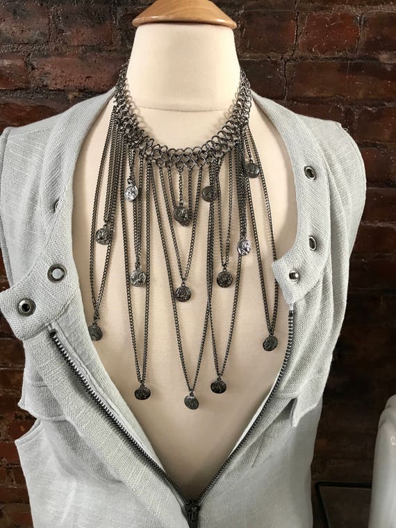 Cascading  Gunmetal Silver tone Starburst Chain link Bib Statement Necklace with Dangling Coins, Toga party anyone?