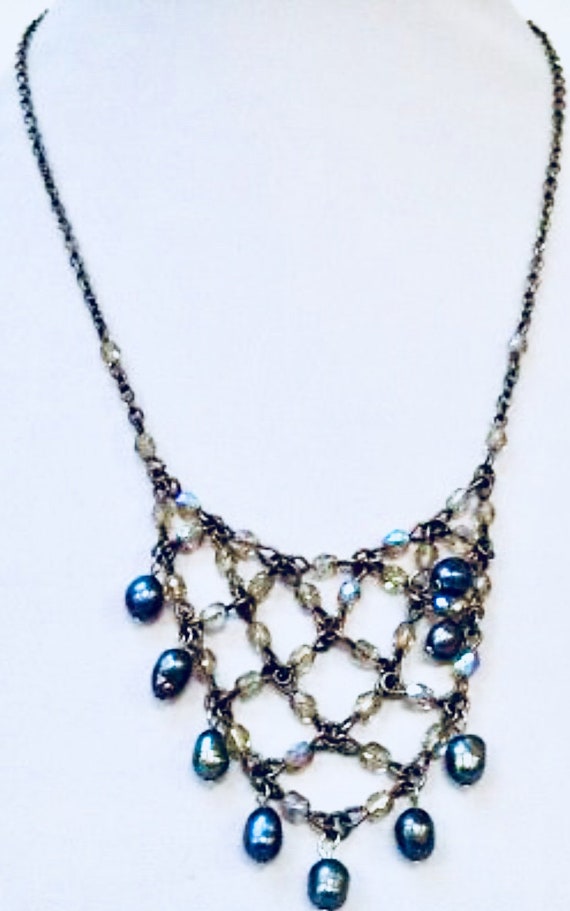 ANNE KLEIN Genuine Black PEARLS And glass crystal Lattice Necklace, Vintage 90s Designer Jewelry Glamour Grunge Statement Necklace