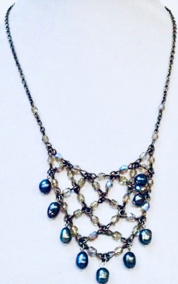 ANNE KLEIN Genuine Bluish Black PEARLS And glass crystal Lattice Necklace, Vintage 90s Designer Jewelry Glamour Grunge Statement Necklace