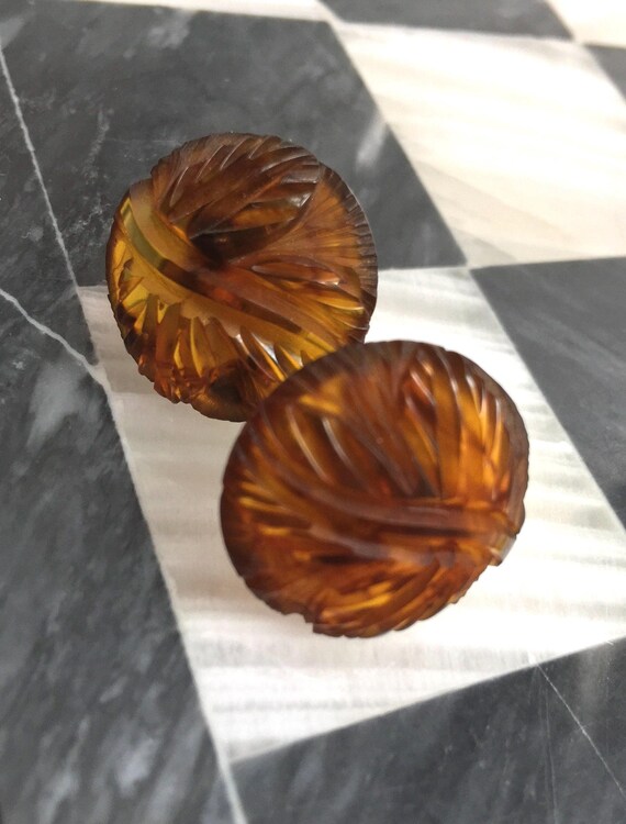 Carved Root Beer Bakelite Earrings, At Deco Round Button Style with Leaf Carving, Vintage Screw Back Earrings