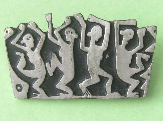 Awesome 80s, Urban Fetishes by ALICE SEELY Pewter Brooch, Abstract Modernist SURREALIST Tribal Mayan Dancing Figures unisex Lapel Pin